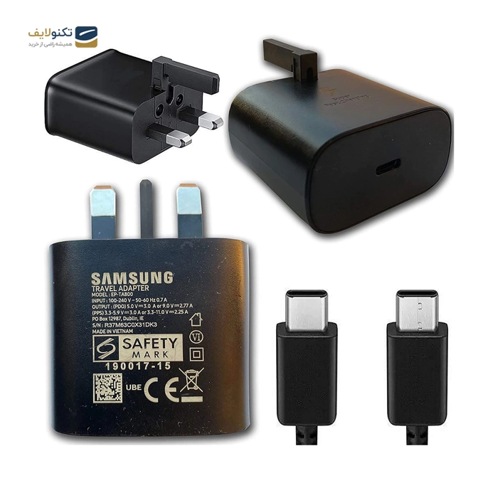 شارژر دیواری سامسونگ 25 وات مدل EP-TA800 سه شاخه اروپا به همراه کابل دو سر تایپ سی
