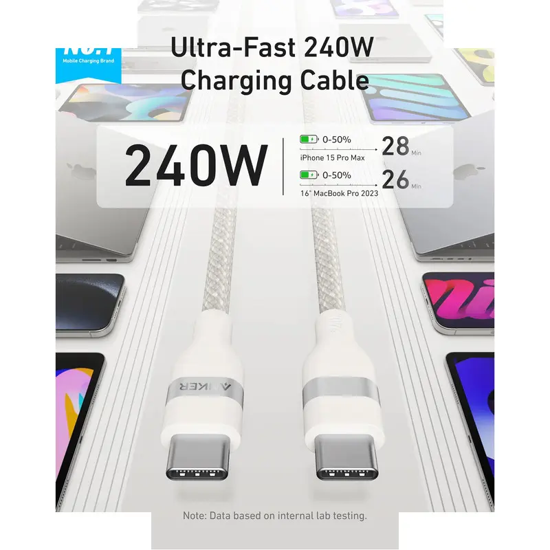 کابل تبدیل USB-C به USB-C انکر مدل A82E2 طول 0.9 متر با توان 240 وات