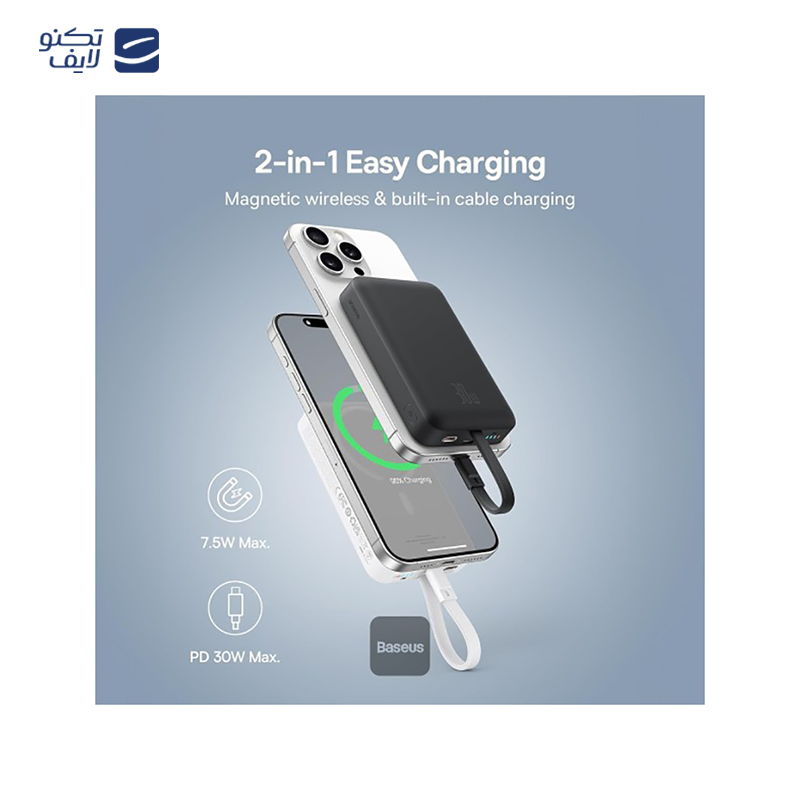 پاوربانک باسئوس مدل Magnetic Mini Wireless P1002210B113ظرفیت 10000 میلی آمپر ساعت توان 30 وات